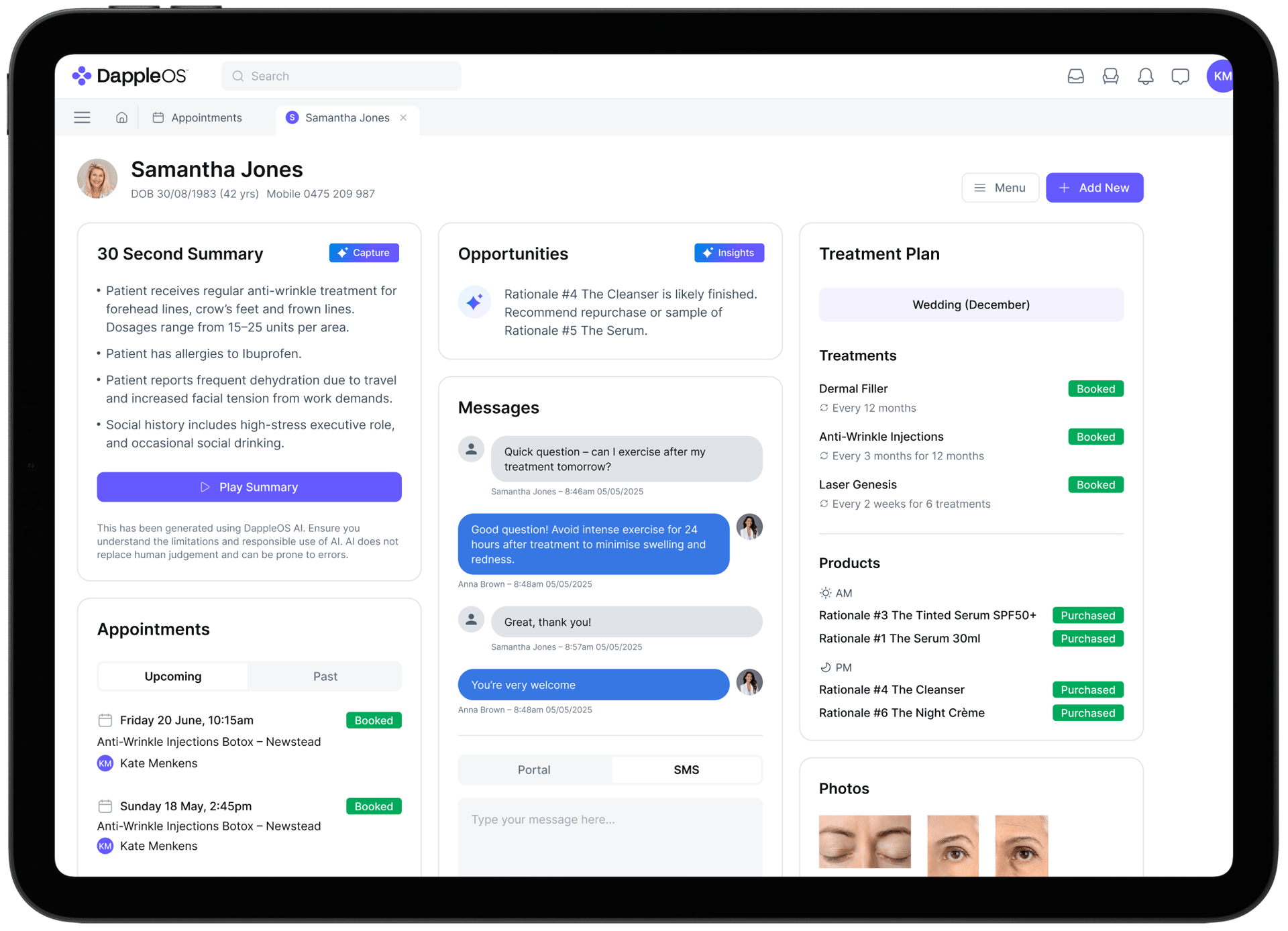 DappleOS connected patient record showing patient summary, messages, appointments and treatment plan